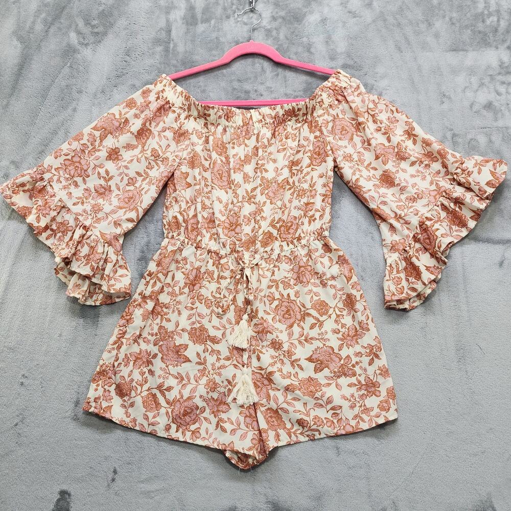 Hint of Blush Romper Womens L Cream Red Floral Off Shoulder Ruffled Bell Sleeves